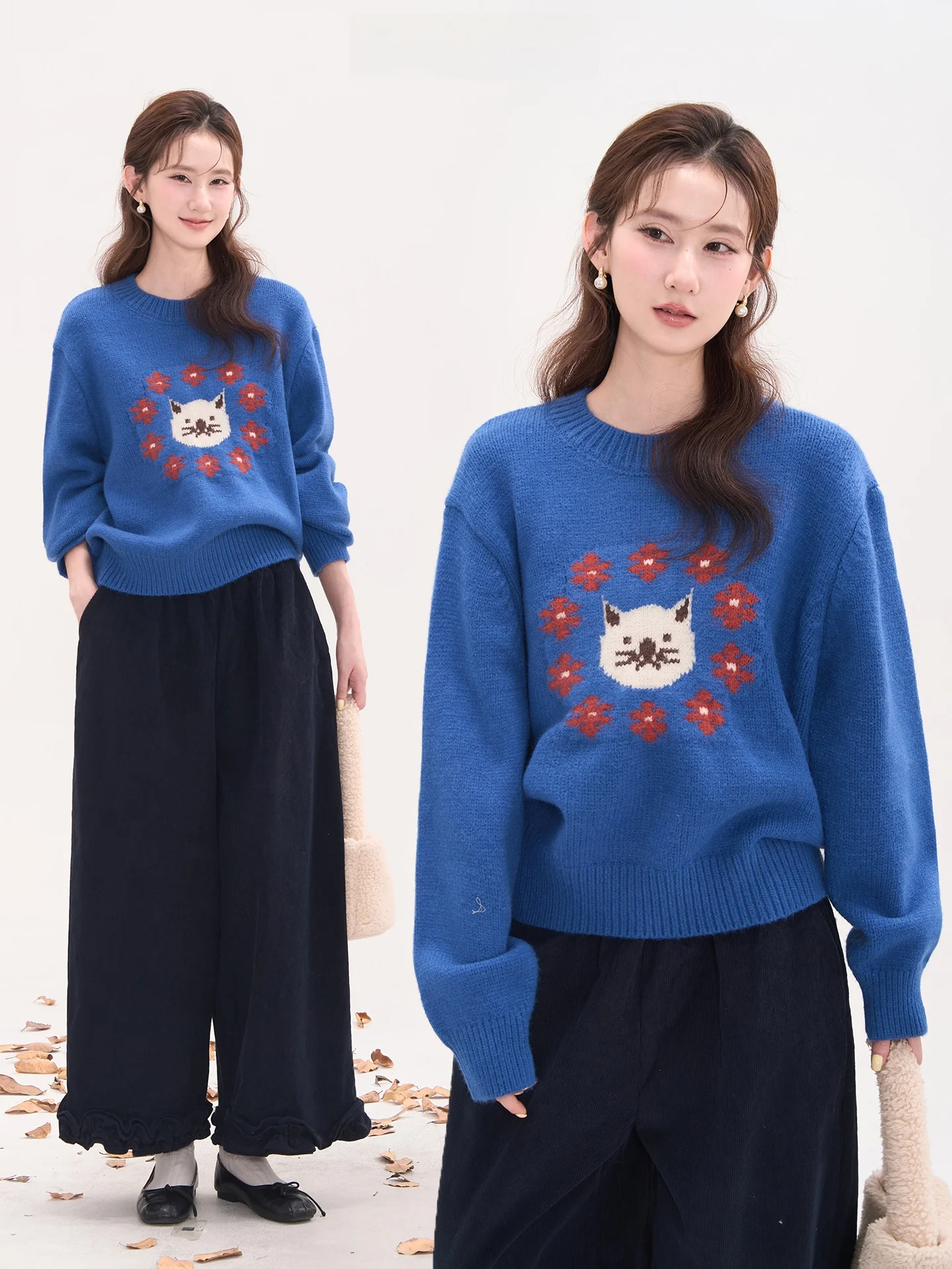 

Floral Knitted Sweater Women's round Ne Pullover Warmth Heat Ing round Ne Long Sve Loose Fit Polyester Nylon Acrylic