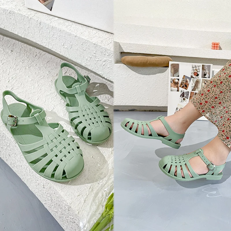여름에 어울리는 로마 여성용 투명 크리스탈 샌들, 플랫 힐 젤리 신발 – 방비 신발