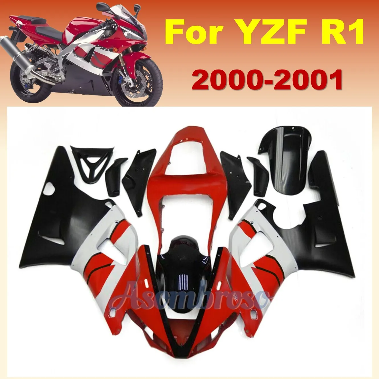 Motos for Yamaha  YZF R1 2000 2001 Years carenado YZF1000 ABS Plastic Fairing Kit  red/white/black