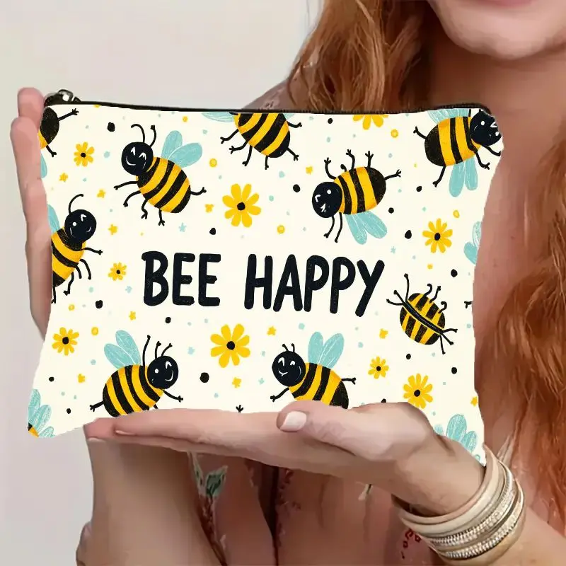 2D Flat Adorable 'BEE HAPPY' Bee Yellow Flower Print Makeup Bag with Smooth Zipper Closure Lightweight Portable Colorfas