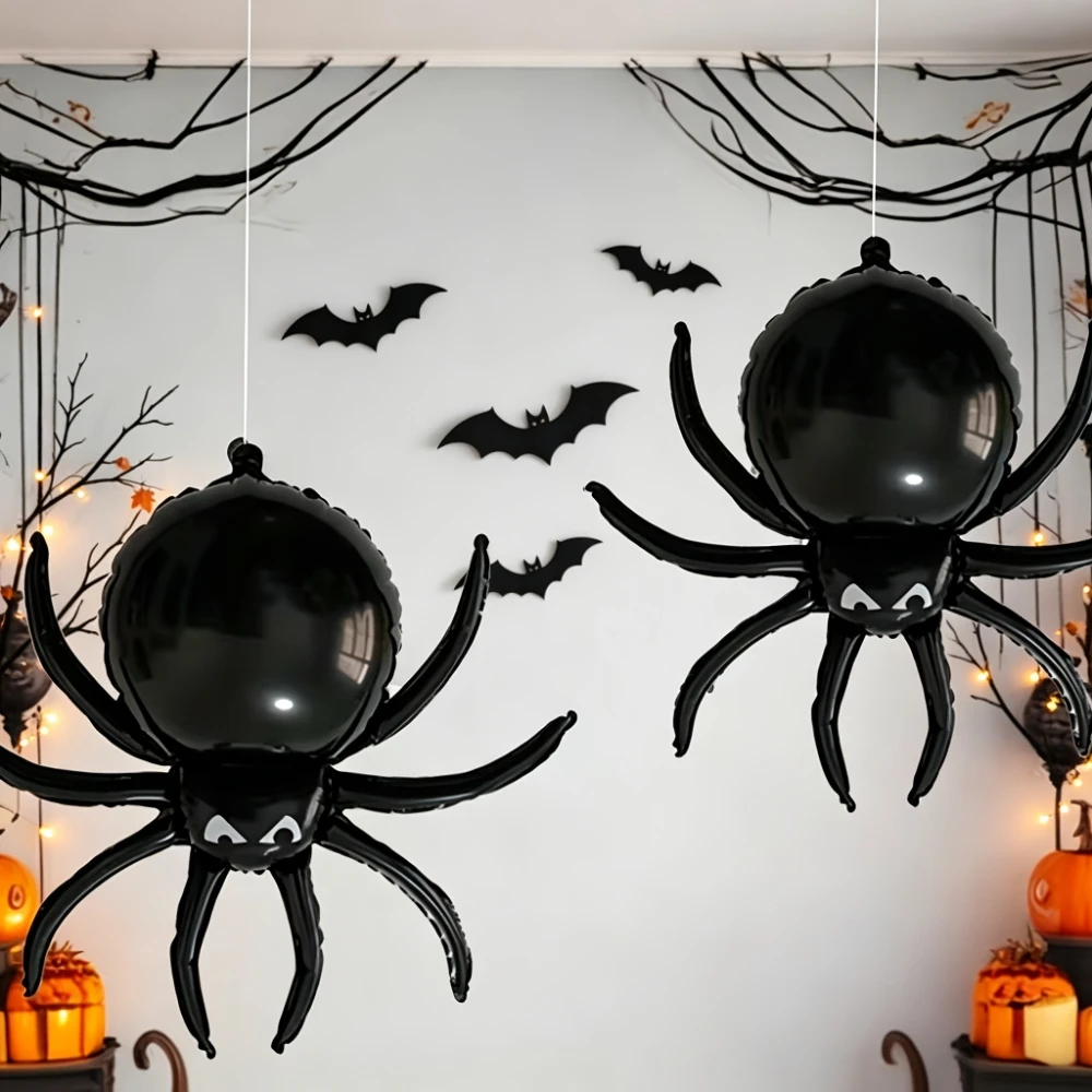 1/2 Stück Halloween-Spinnen-Folienballons, schwarze große hängende Ballondekoration, gruselige Partyzubehörteile für den Innenbereich im Spukhaus