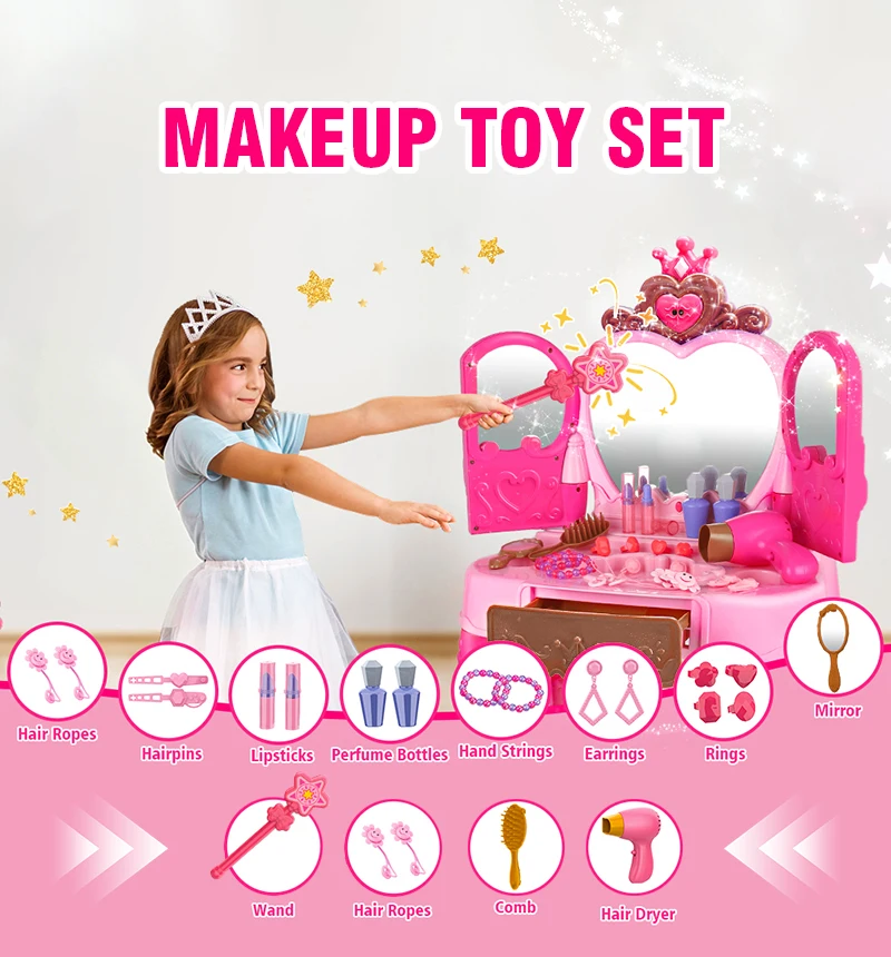Pretend Play Princess Makeup Dressing Table Vanity Set For Girls Sensor Door Opening With LED Light Dress Up Toy Role Play Gift