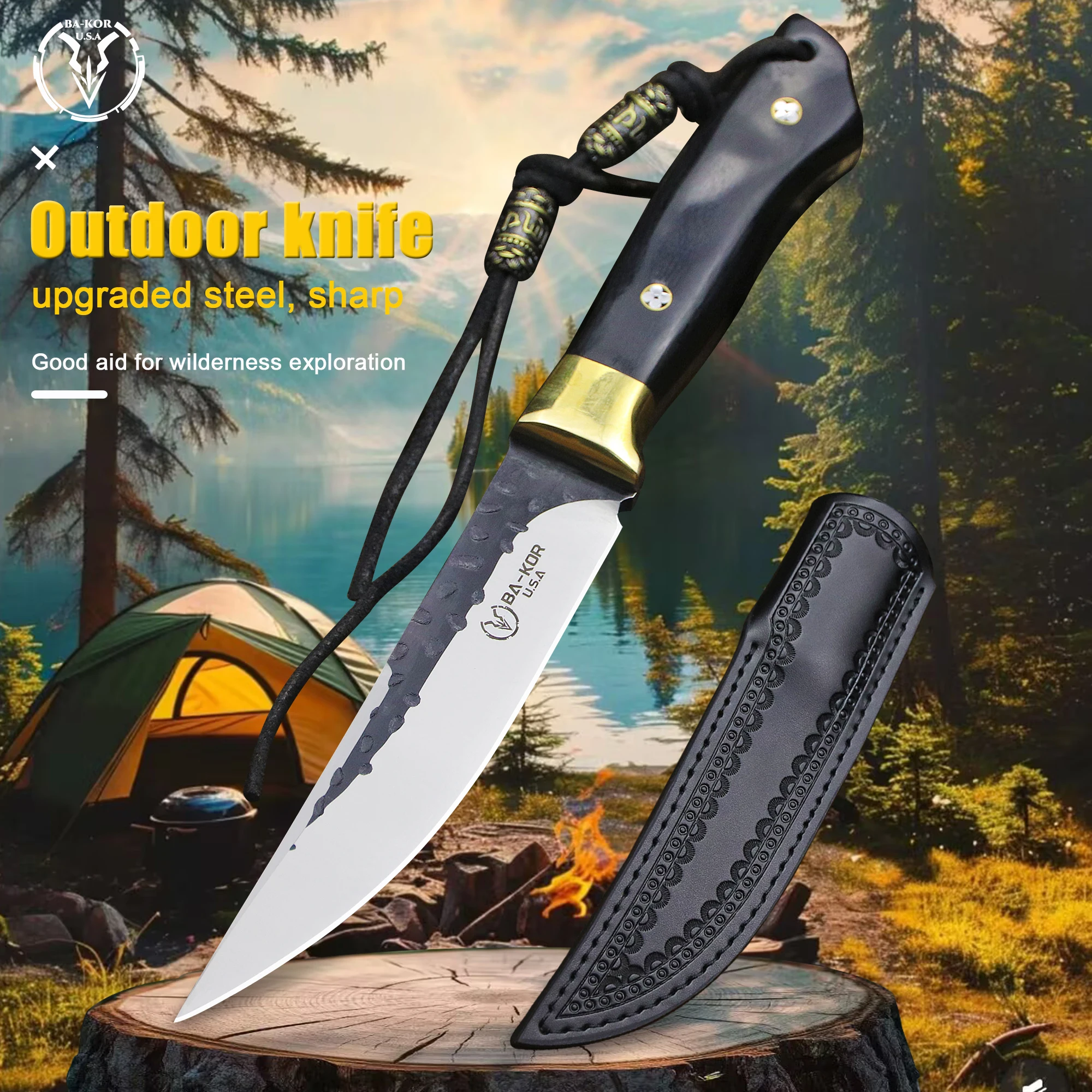 BA-KOR Germany 9CR18MOV high-end outdoor hunting straight knife, Ebony jungle survival knife + knife sheath, camping knife