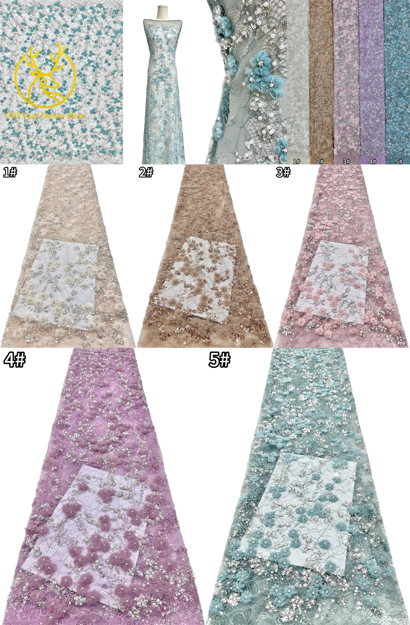 Französische Stickerei, kleiner Pflaumenblüten-Perlen-Spitzenstoff, exquisiter nigerianischer Perlen-Pailletten-Spitzenstoff für Hochzeitskleider zum Nähen – Detail 3