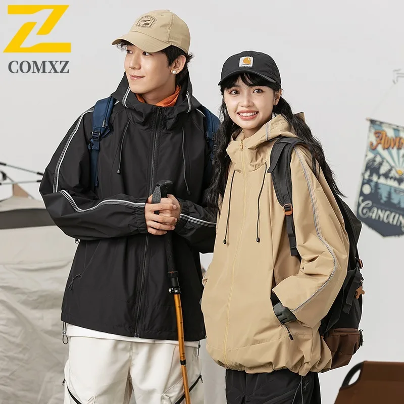 

COMXZ Neutral Jacket 2025 Hooded Splicing Outdoor Camping Windproof Jackets Casual Hiking Lightweight Autumn Windbreaker