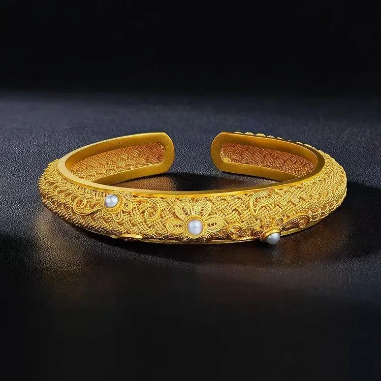 9999 real gold 24K yellow gold Tuan Hua Splendid Bracelet Women's Court Style Elegant Filament Pearl Bracelet