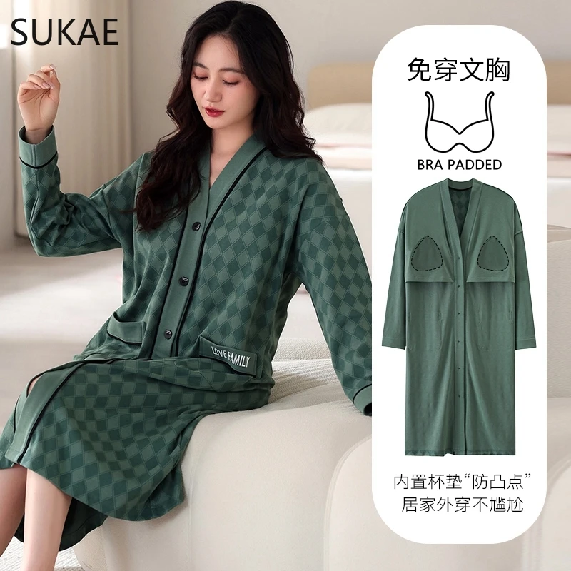 SUKAE Bra Padded Sleepshirts M-5XL Plus Size Cotton Nightgowns Autumn Winter Women Long Sleeves Nightgown V-neck Nightdress