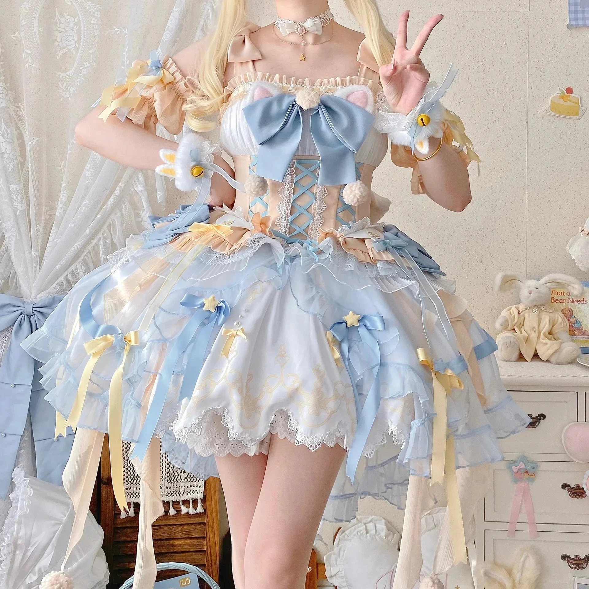 فستان لوليتا كاواي نسائي ، قوس دانتيل ، ملابس لوليتا أنيقة ، فستان أميرة عتيق ، حفل زفاف ، فيكتوري ، ياباني ، حلو ، طقم كامل