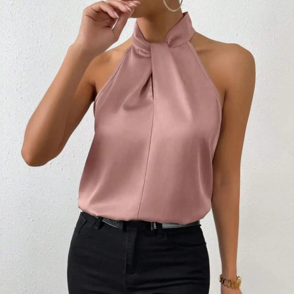 Women Top Elegant Satin Tank Tops for Women Blouse with Halter Neck Loose Fit Office Vest Smooth Imitation Silk Party Wear Solid