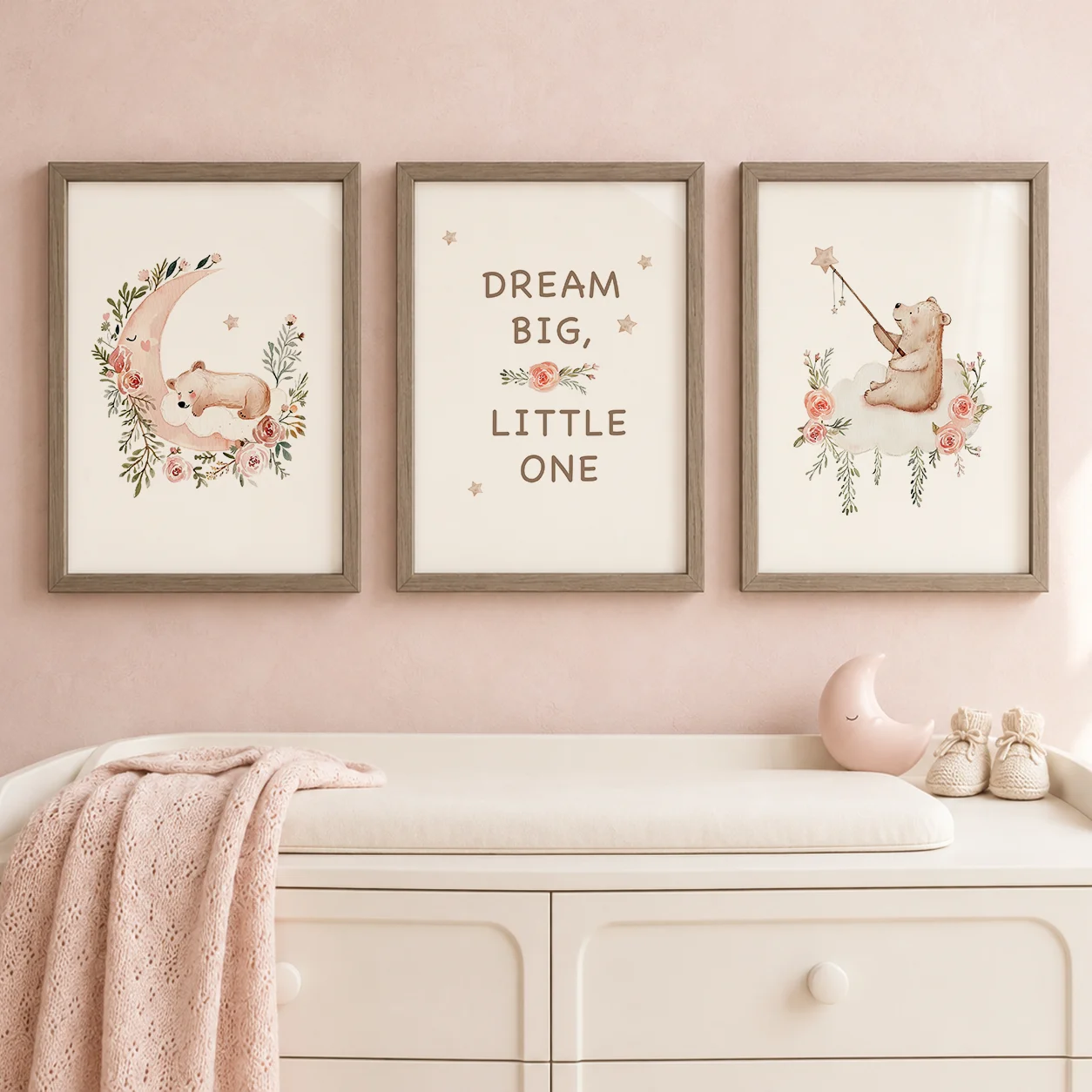 Nursery Flower Wall Art, Cute Teddy Bear Moon Quotes Canvas Painting, Baby Poster Print for Kids Boy Girl Bedroom Decor