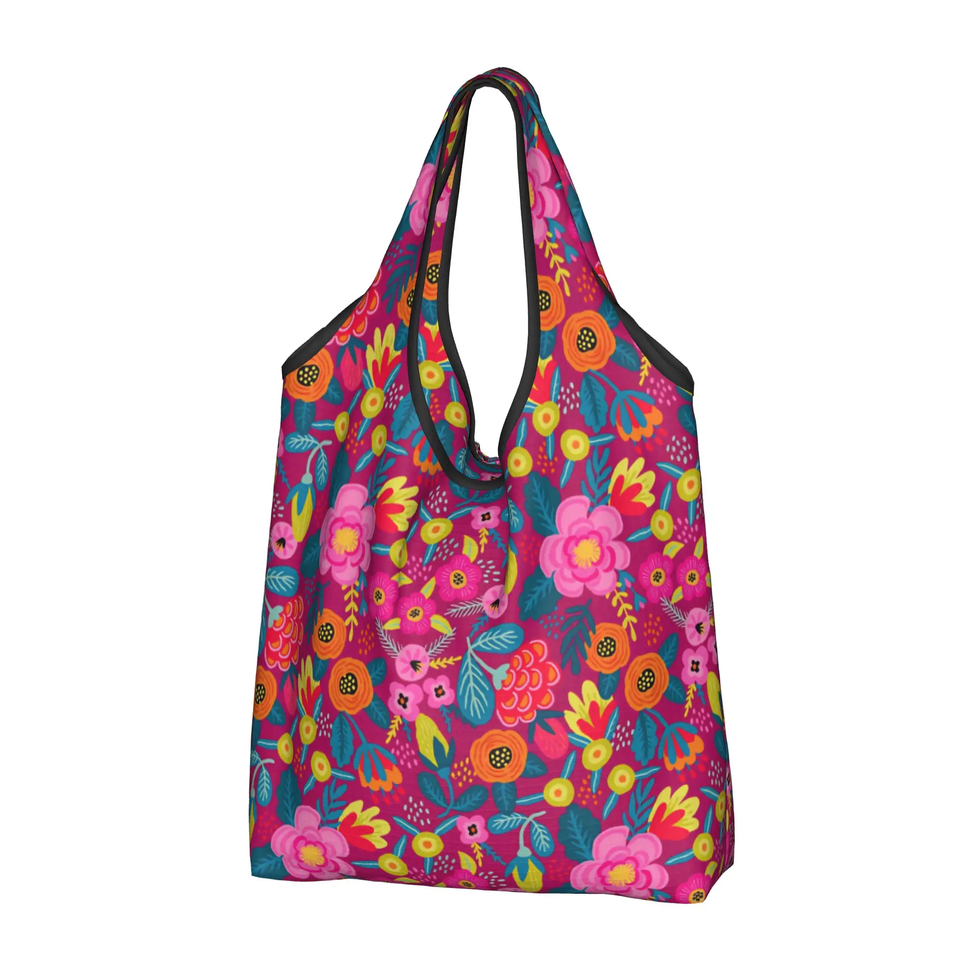 Funny Printing Nordic Folk Art Abstract Flowers Tote Shopping Bag Portable Shoulder Shopper Scandinavian Folk Art Handbag