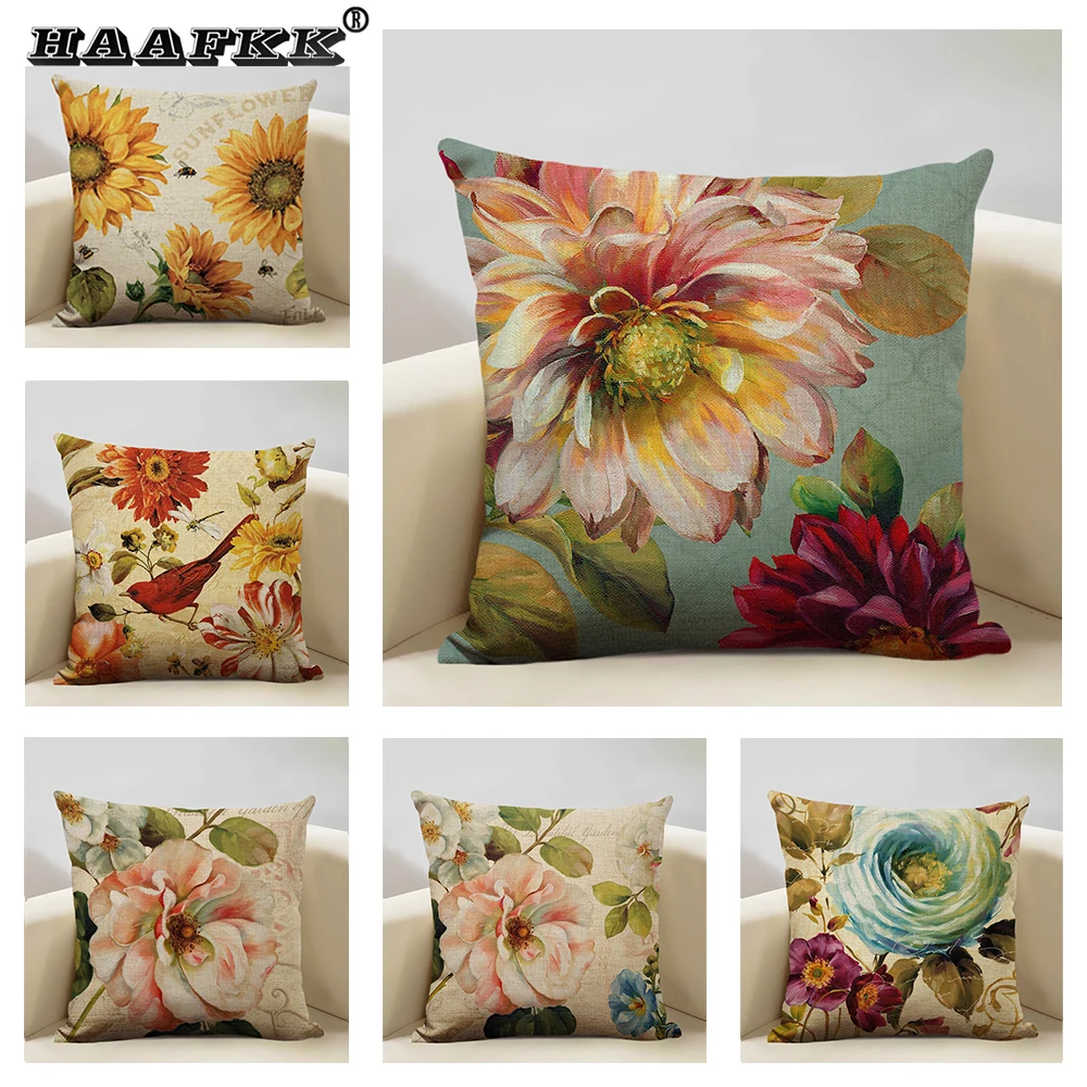 

Льняная наволочка HAAFKK 45x45 см с цветочным принтом