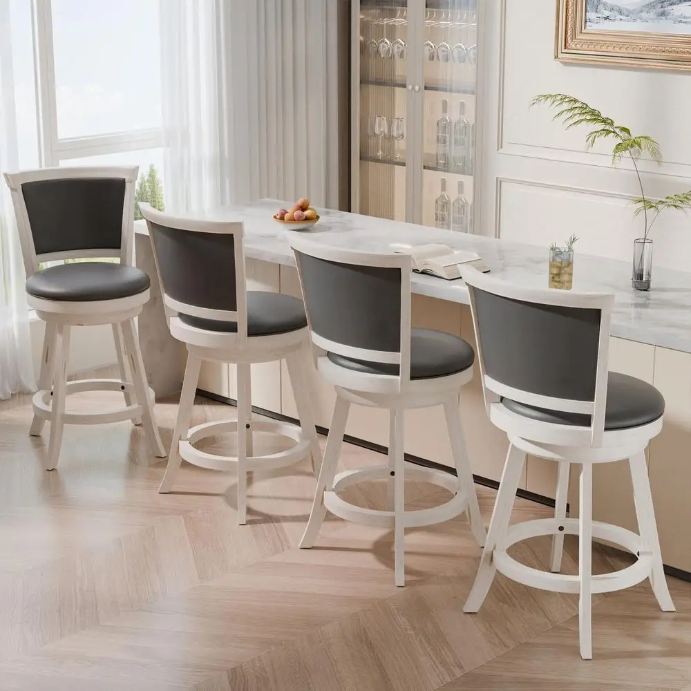 

Set of 4 24 Counter Height Leather Back Swivel Bar Stools with Solid Wood Legs for Home Bar or Kitchen Island, Antique White