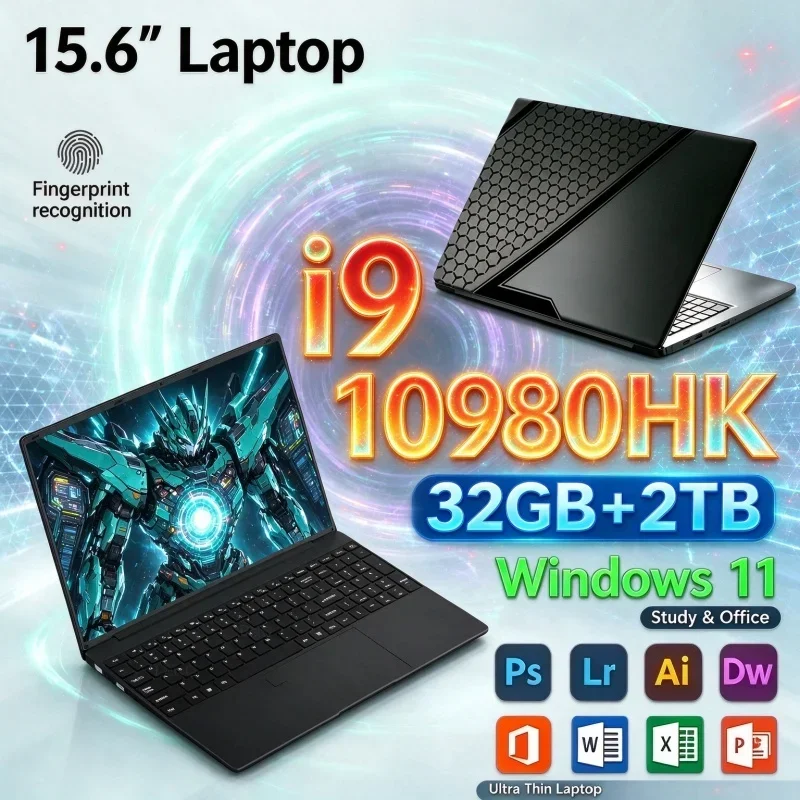 15.6" Windows 11 Laptop Intel I9-10980HK 32GB RAM 1TB/2TB SSD FHD Ultra Slim Portable Notebook PC For Business Student Gaming