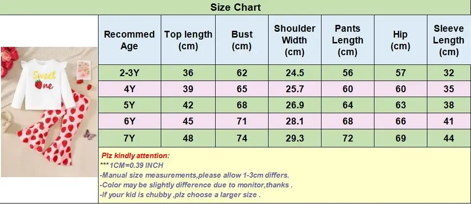 딸기 프린팅 긴팔 티셔츠, 플레어 팬츠, 머리띠 세트, 2-7 세 아동용 패션 세트, 용수철 및 가을, 3PCs