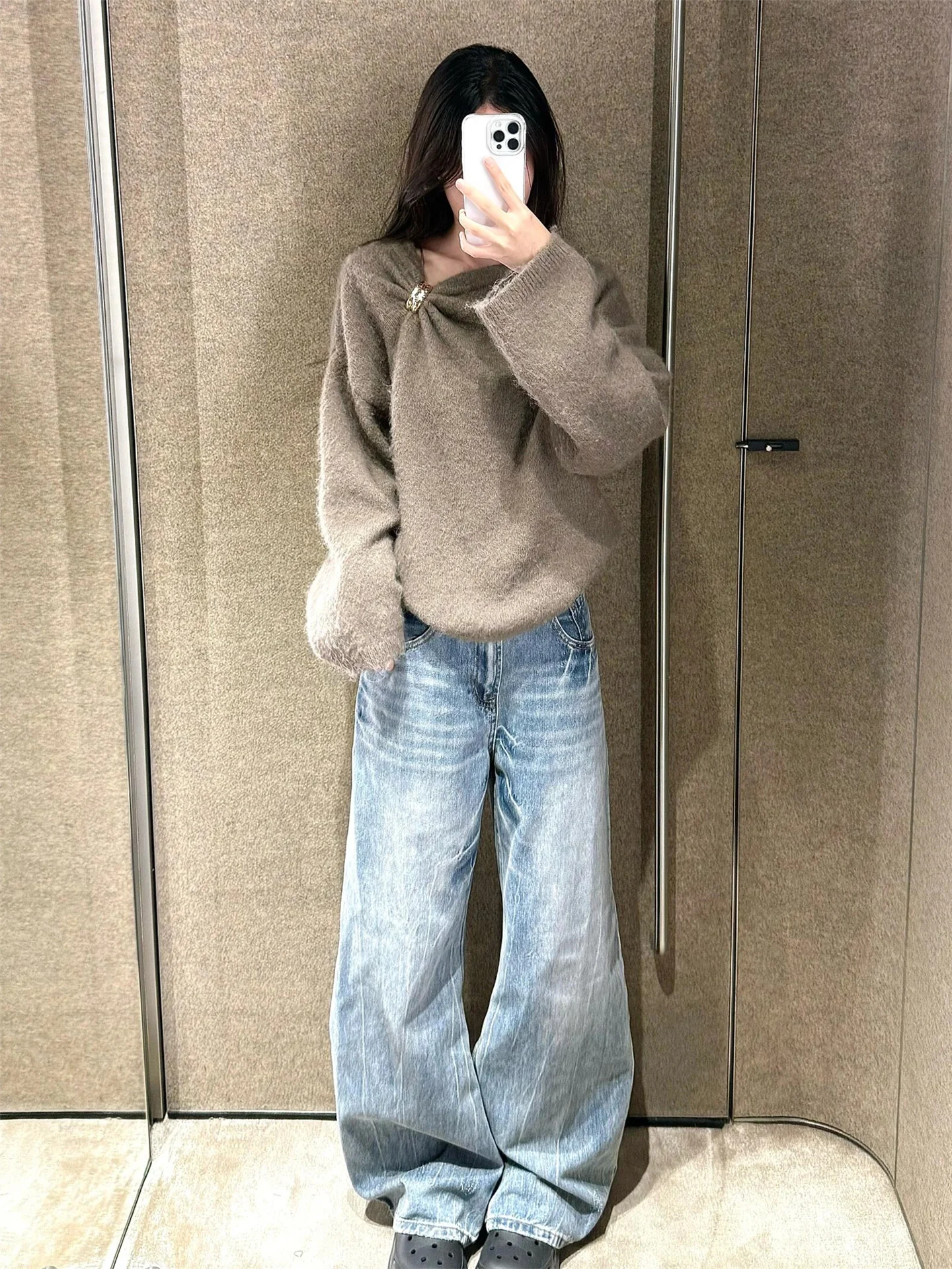 High Waist Loose Fit Wide Leg Jeans Women's Spring Casual Wear Blue Low Waist Knife  Design Slimming Effectiveness