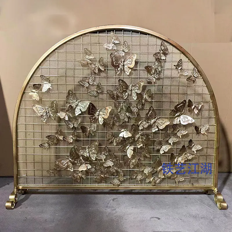 Living room European wrought iron butterfly mantel real fire fireproof guardrail with net gold mantel cover screen with net part