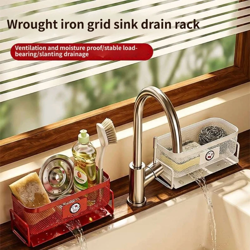 Kitchen Sink Drain Rack, Open Metal Countertop Holder with Sloped Drain Base for Sponge Brush Soap Bottle Storage 37JD