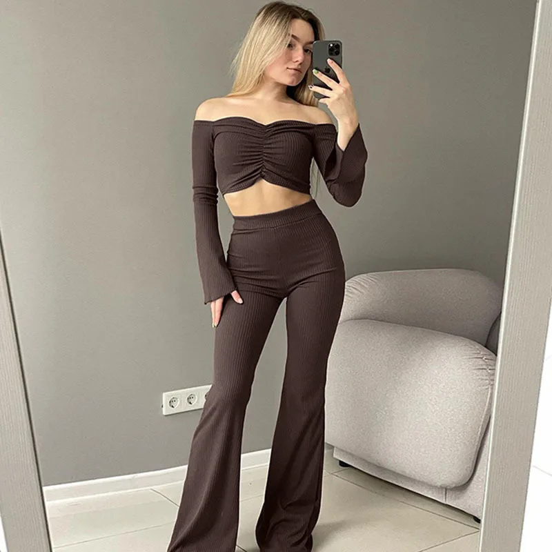 Apprtabant 2024 Autumn Twist Folds High Waist Trumpet Pants Set Sexy Backless Strapless Long Sleeve Open Navel Top Trousers Suit