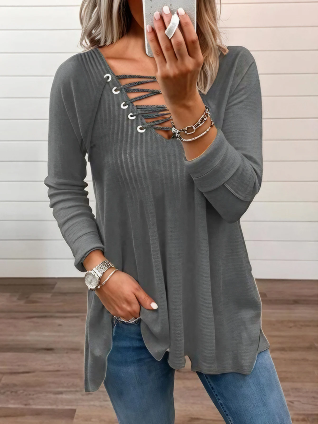 

Autumn Women's Long Sleeve T-Shirts Casual V-Neck Lace-Up Solid Color Fashion Vacation Top for Ladies