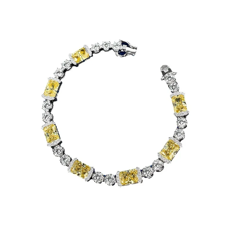 

S925 Silver Bracelet Ice Cut 6 * 8 Yellow Diamond Inlaid Group Set with Full Diamond, Simple and Elegant Style Bracelet Jewelry