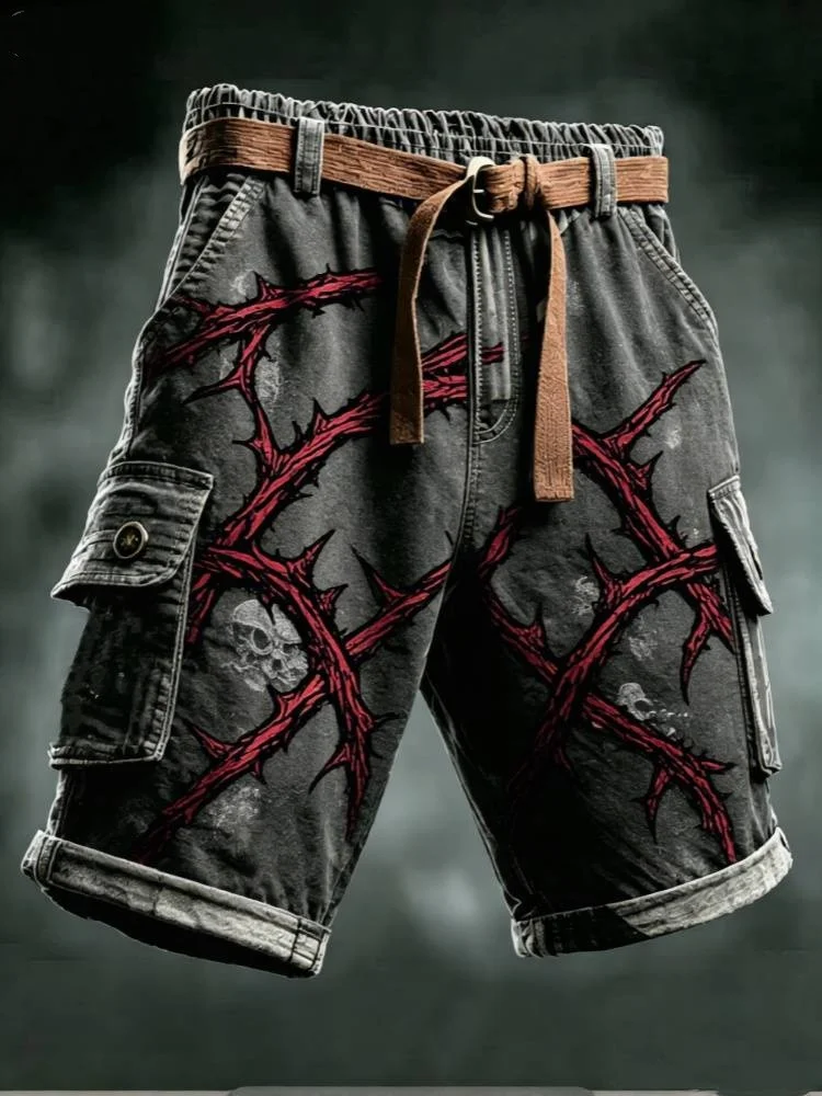 Men's Gothic Punk Style Cargo Shorts with Belt Barbed Wire Print Loose Fit Streetwear Denim Shorts