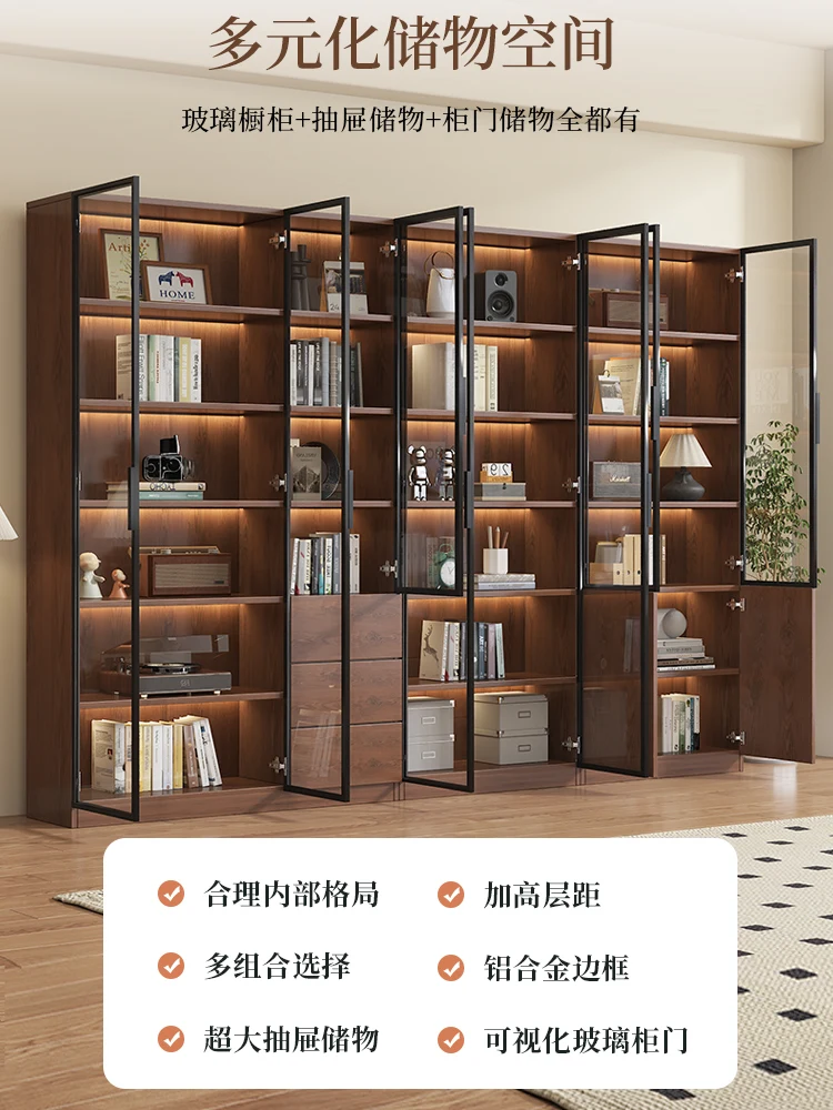 Retro style medieval bookcase glass door display wine cabinet household living room integrated whole wall to top bookshelf figur