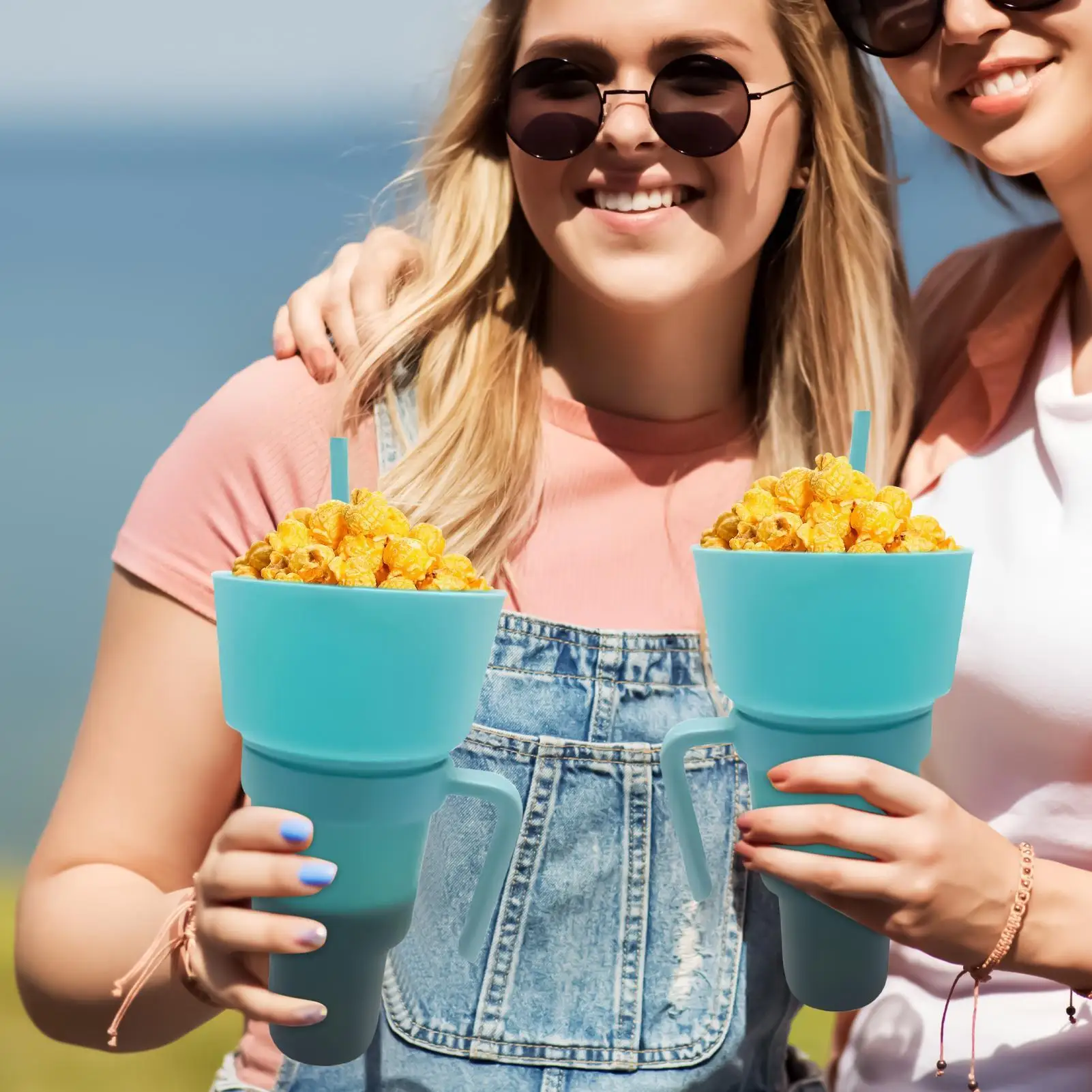 Nuevo vaso de palomitas de maíz para estadio con pajita, vasos reutilizables 2 en 1 para beber aperitivos y cuencos, vasos divididos, botellas de agua