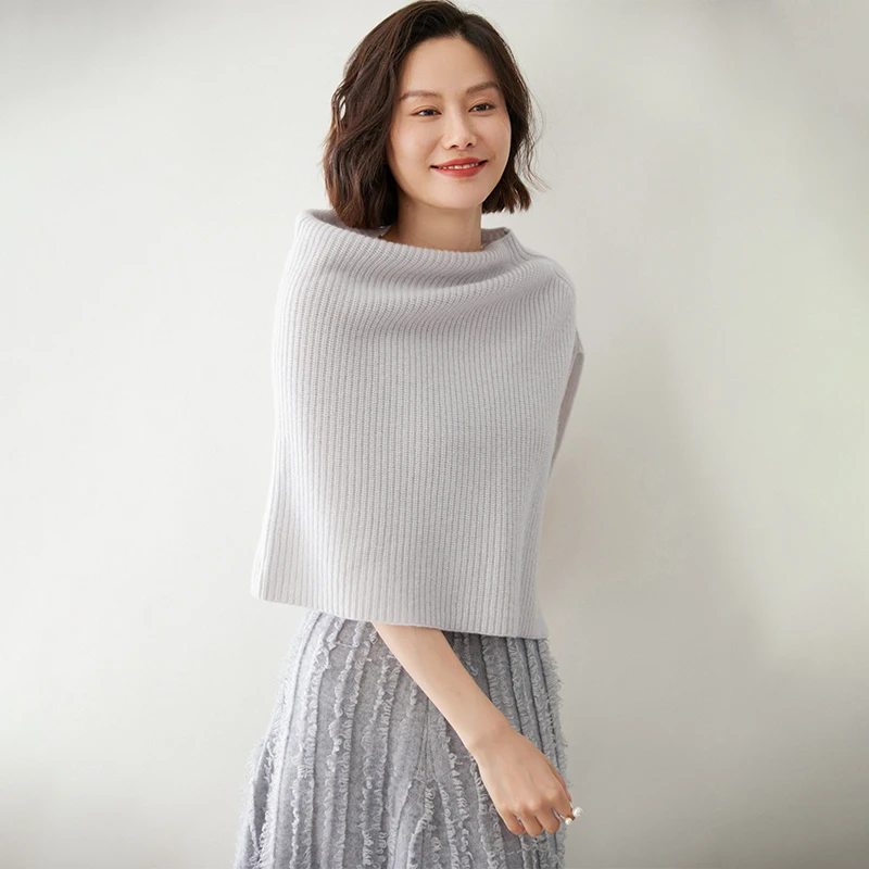 2024 New Women 100% Cashmere Short Poncho O-neck Shawl Wraps Thick Ribs Knitted Accessories Cape Soft Scarf Neck Warmer Cappa