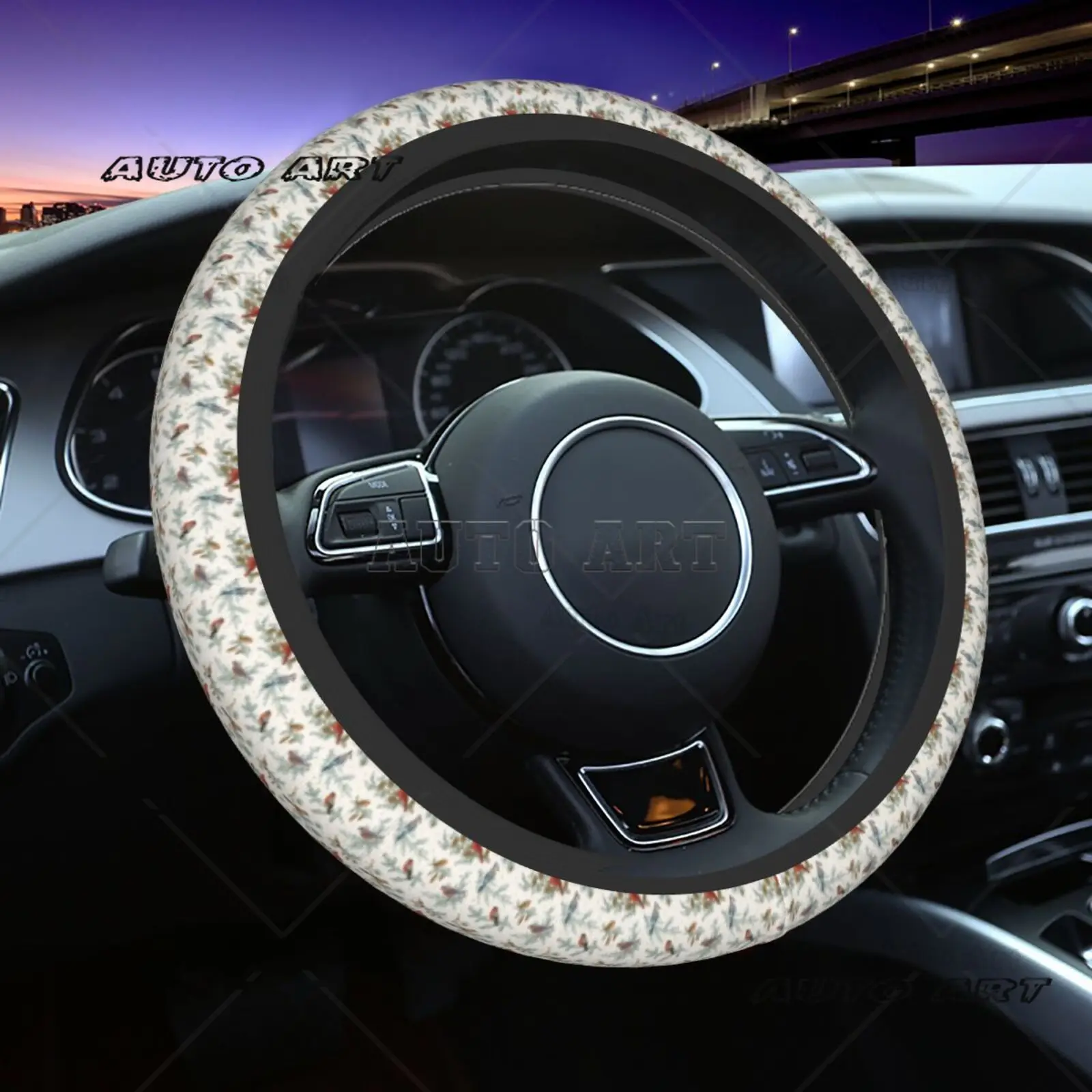 Sparrow Print Pattern Steering Wheel Cover Automotive Parts Universal 15 Inch Chloroprene Rubber Elastic Anti Slip