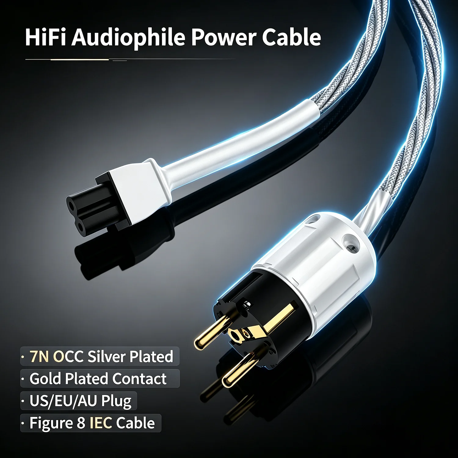 HIFI Mini8 7N OCC Silver Plated Power Cable Audiophile US/EU/AU Gold Plated Connector Mini8-Shaped Tail for Enhanced Audio Perfo
