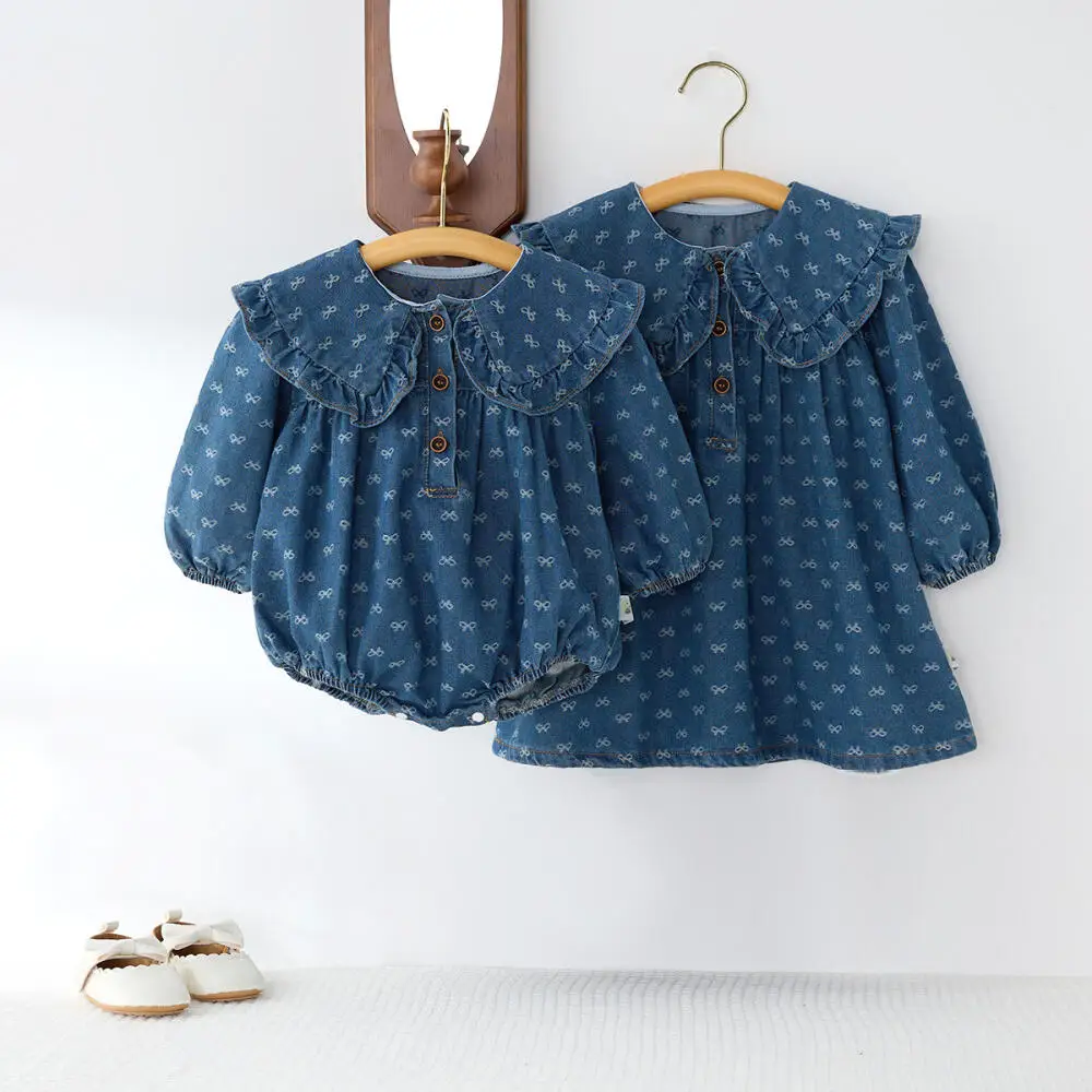 

Baby Jumpsuit Denim Romper Long Sleeve Bow Jacquard Pattern Outfit for Newborn Infant Girl 0-12 Months Autumn Fashion Clothes