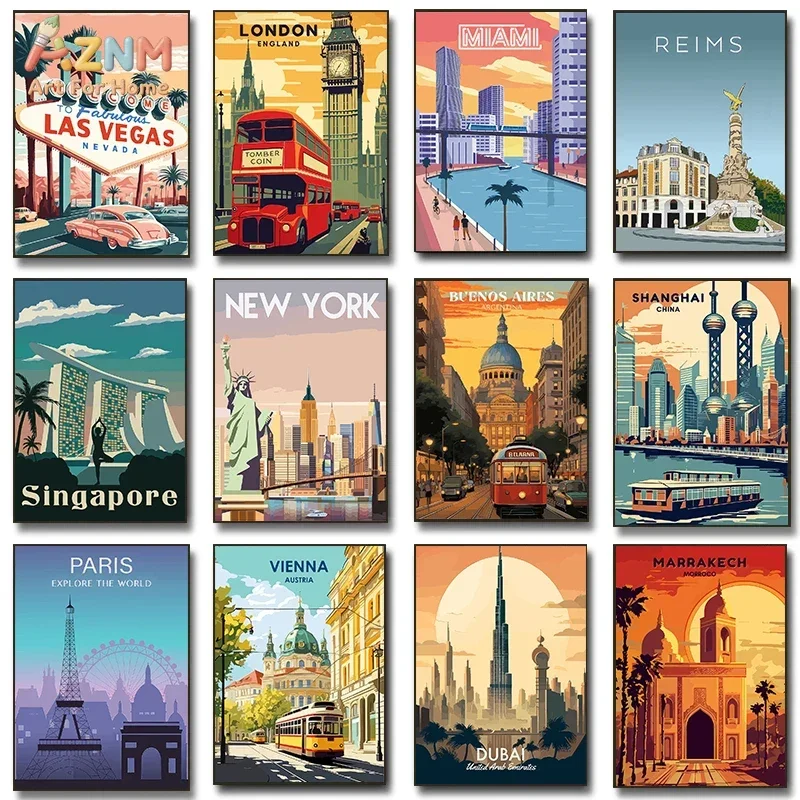 AZNM Unframed Canvas Print Vintage City Travel Poster Wall Art World Landmark Retro Home Decor