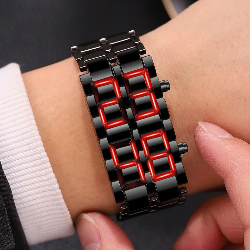 Men's Digital Lava Watch Black Full Metal Red Blue LED Display Wristwatch Sport Creative Gift for Male Boys