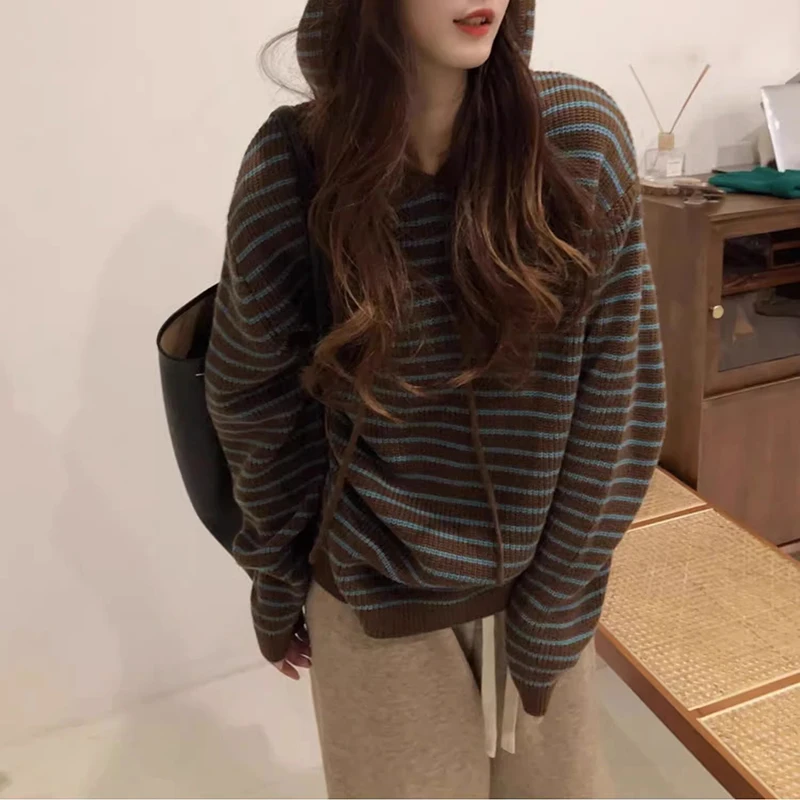 Autumn Winter Stripe Hooded Sweater Coat Women New Loose Soft Drawstring Knitted Hoodies Vintage Warm Female Streetwear