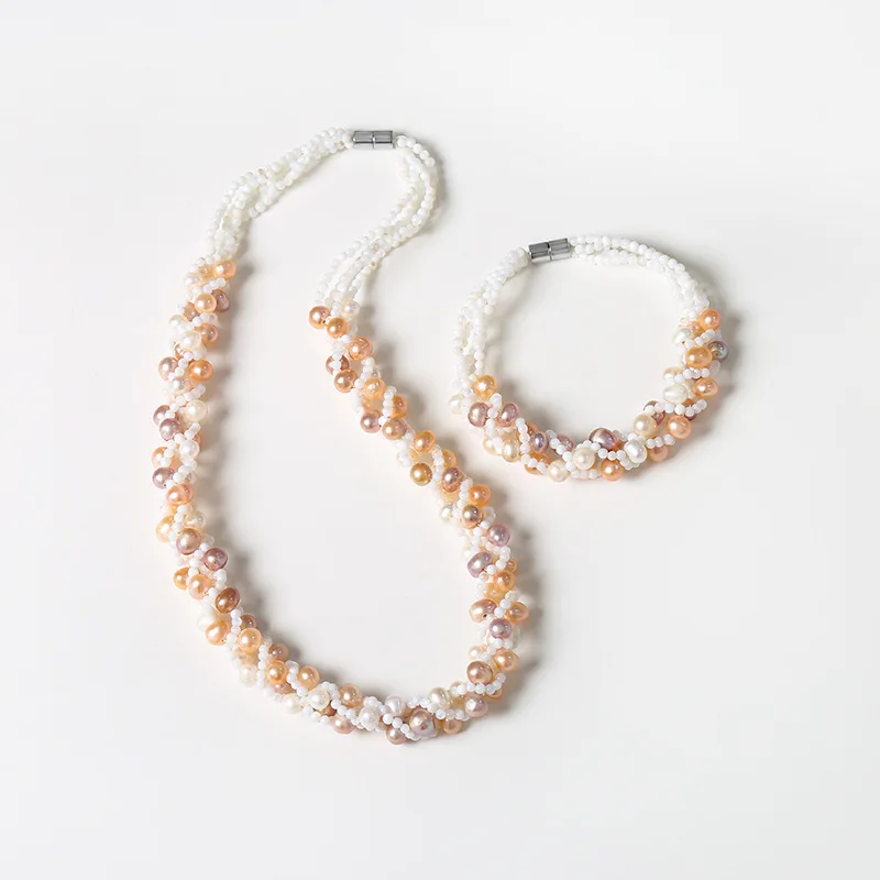 

Дизайн магнитной застежки, ожерелье из пресноводного жемчуга, браслет, комплект из двух предметов, цепочка на ключицу для женщин