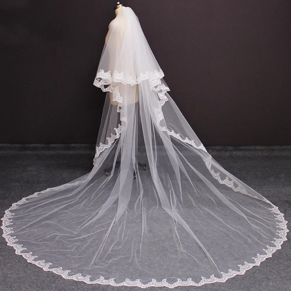 Customized Real Photos 2 Layers Bling Sequins Lace Long 3 M Wedding Veil White Ivory Bridal Veil with Comb 2T Head Veil