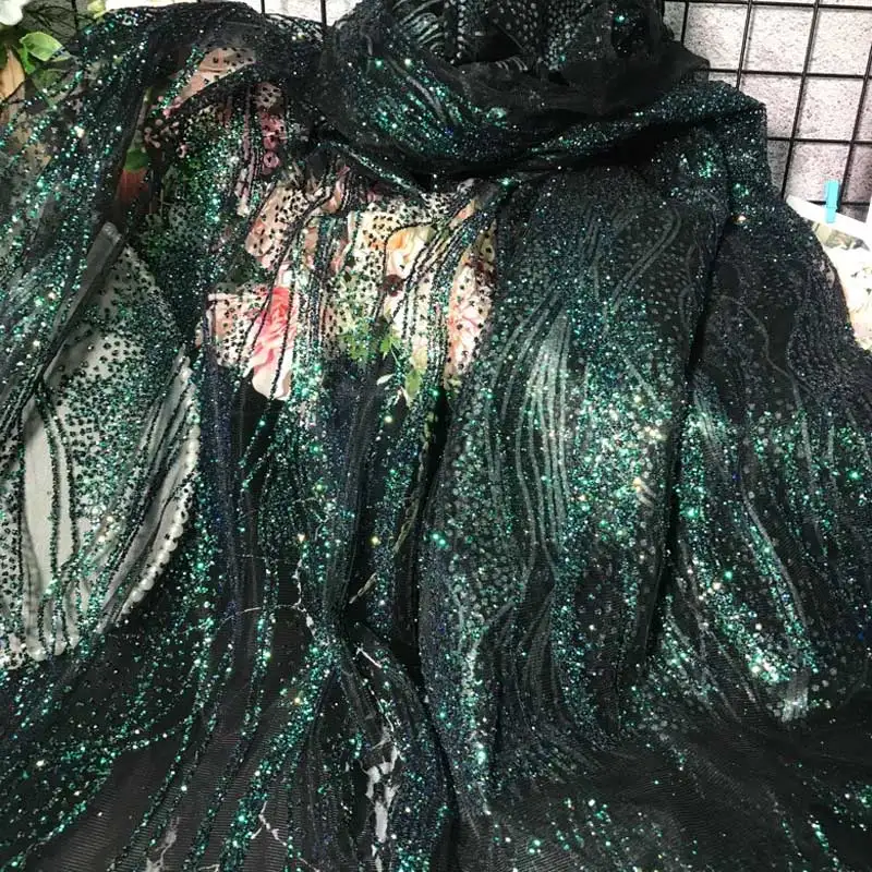 New dark green wave sequin yarn, hot stamping glitter performance dress, decorative fabric