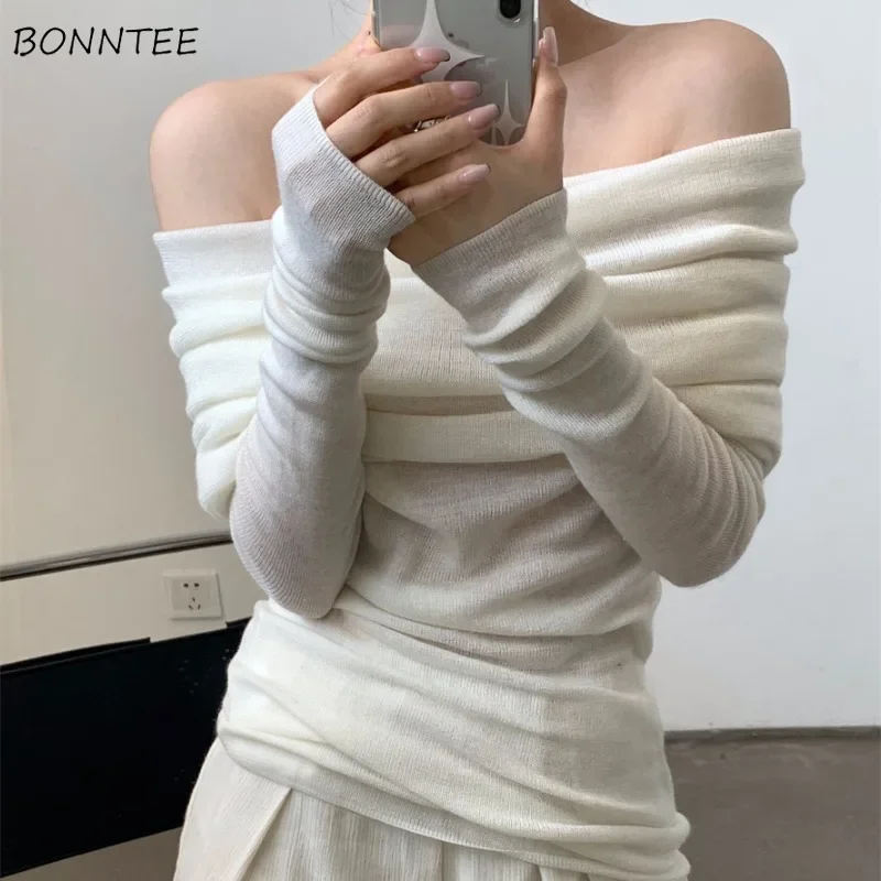 

Slim Slash Neck Pullovers Women Knitted Gentle Elegant Off Shoulder Autumn Winter Long Sleeve Streetwear Sexy Pleated Female