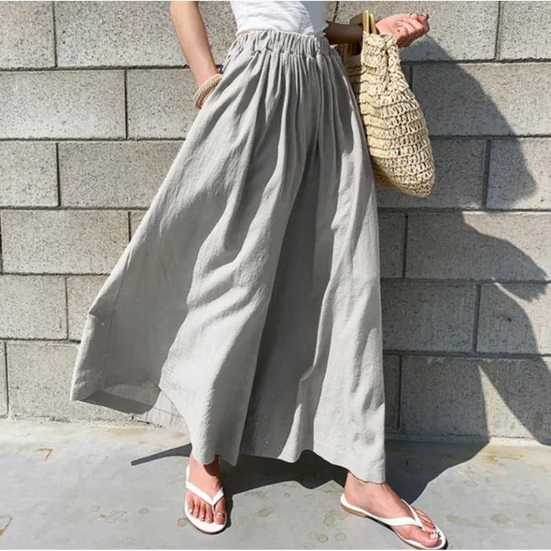 2024 Summer Fashionable Pure Color Wide Leg Pants for Women, Breathable Cotton and Linen Material Long Trousers