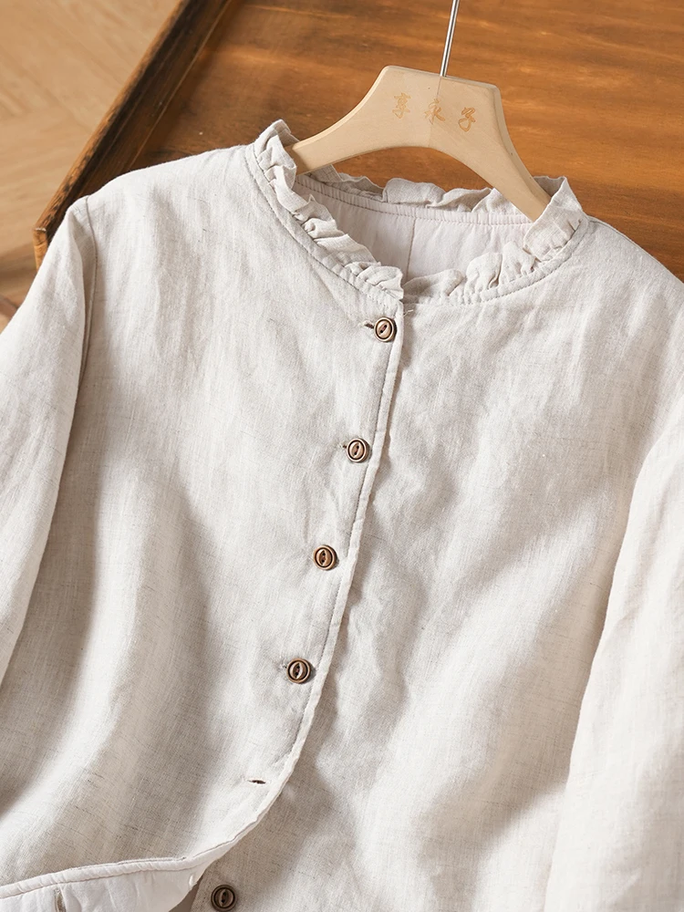 

Artistic Sle Linen Cotton Jaet Women's Winter New Loose Warm Simple Match Cotton Coat Long Sve Dr Qing a Po