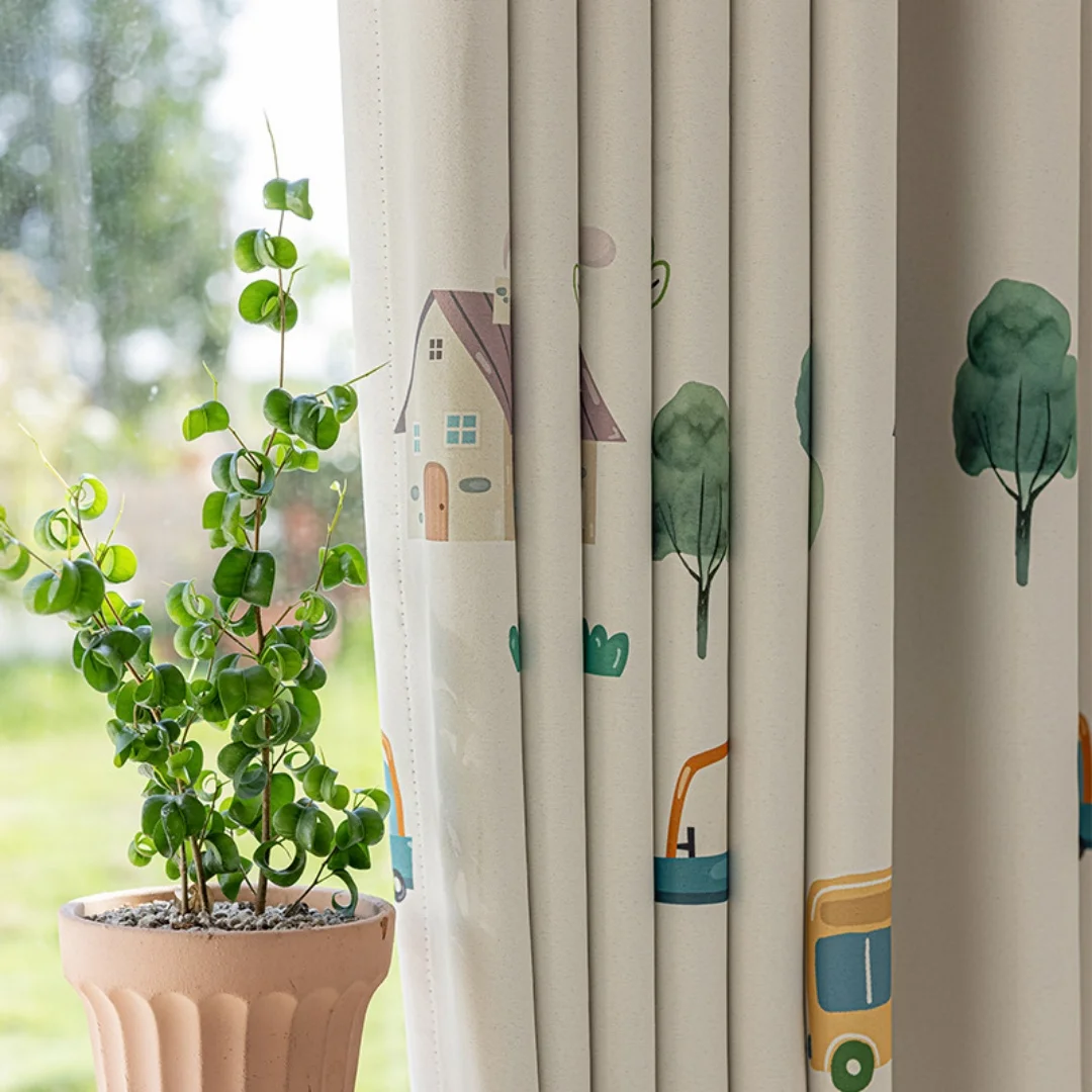 cartoon children's curtains boys and girls bedroom lovely rainbow house printed green shading curtains.