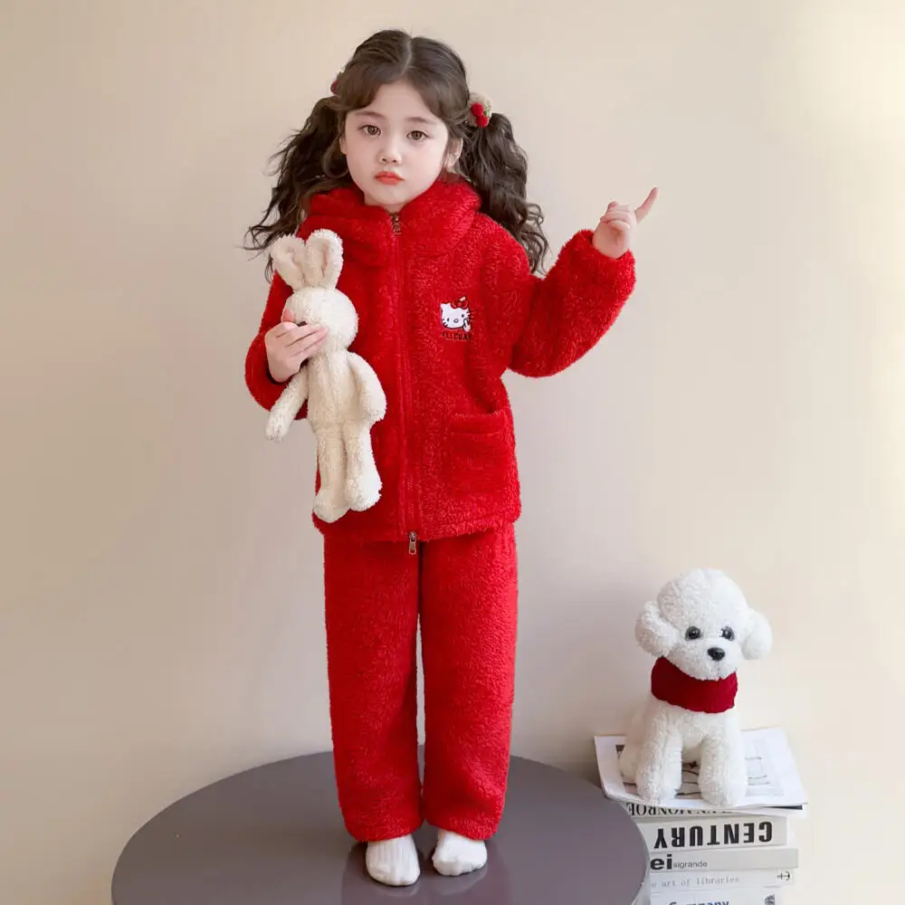 

Sanrio Hello Kitty Girls Pajamas Set Winter New Fashion Casual Children Cute Baby Girl Hooded Home Clothes Children's Clothing