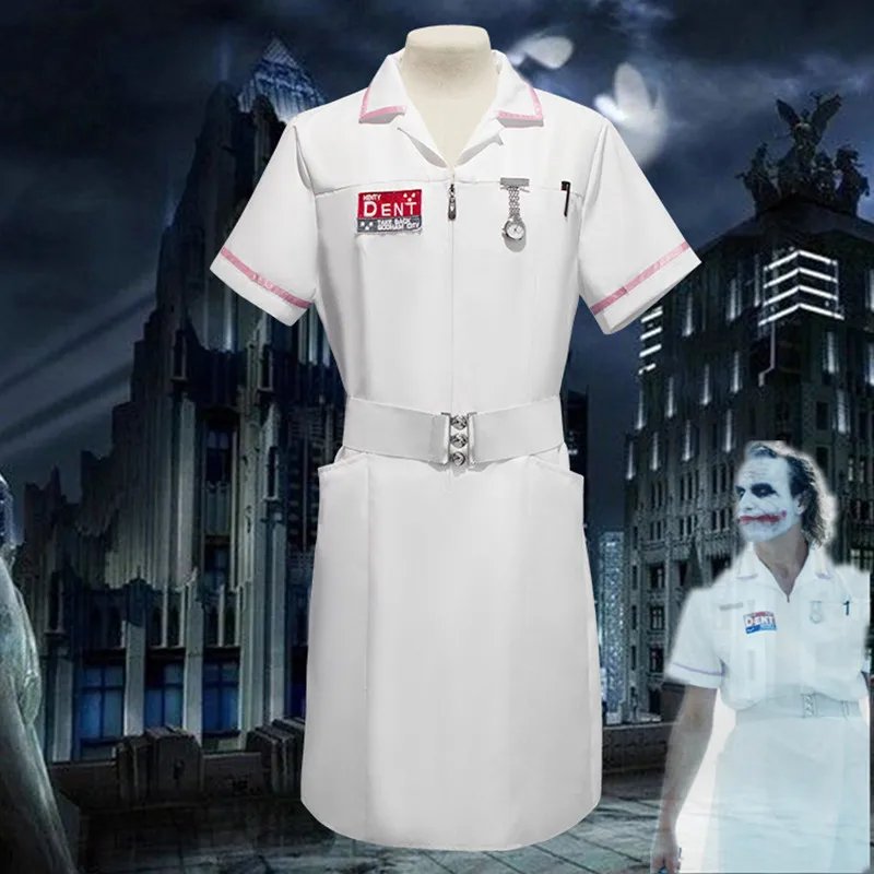 

Joker Cosplay Jack Nurse Costume Uniform Cosplay Scary Bat Joker Dress Pocket Watch Pen Halloween Cos Set Carnival Wear