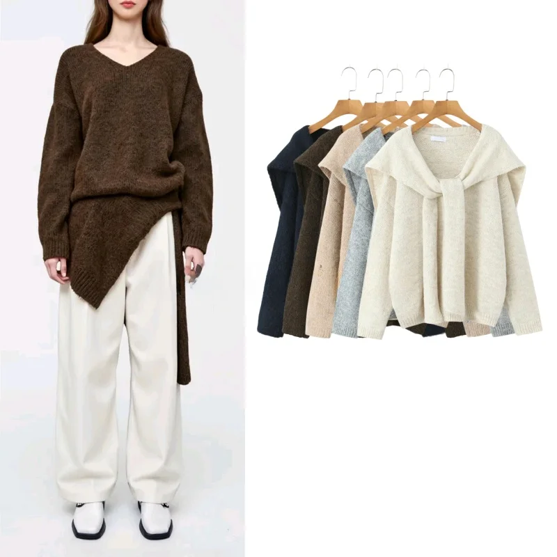

Осенний новый женский мягкий свободный вязаный комплект из двух предметов: свитер с V-образным вырезом и длинными рукавами, с капюшоном, из полиэфирного волокна