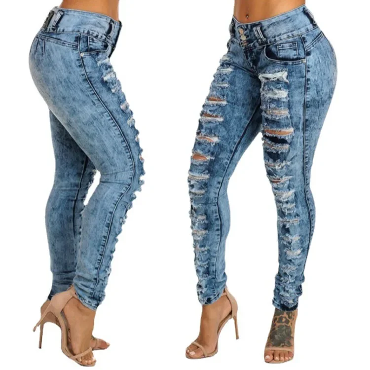 

Jeans Ankle Length Women Pencil Denim Hole Pants Ripped Pockets High Waist Jean Skinny Streetwear Button Washed Distressed