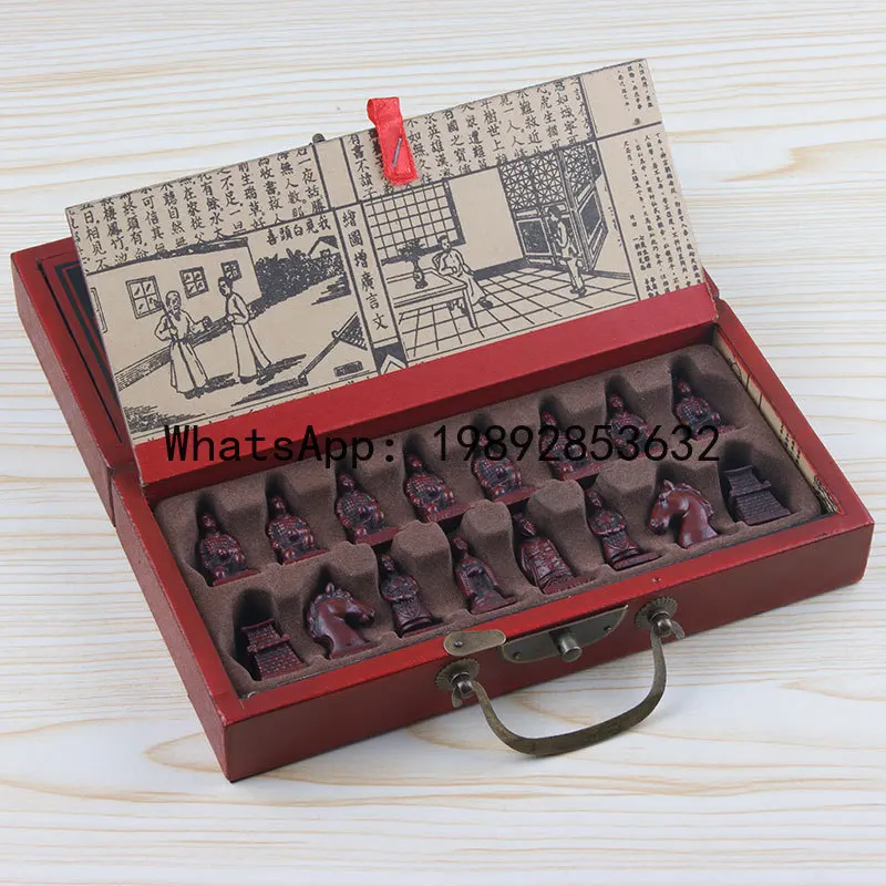 Qz antique chess set - small size, xi'an terracotta army chess pieces, wooden folding chessboard, 3d chess pieces,