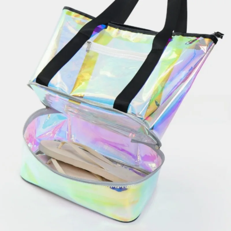 Holographic Waterproof Beach Bag Dry Wet Separate Storage Pouch Zipper Pocket Split Compartment Swim Handbag Home Organizer