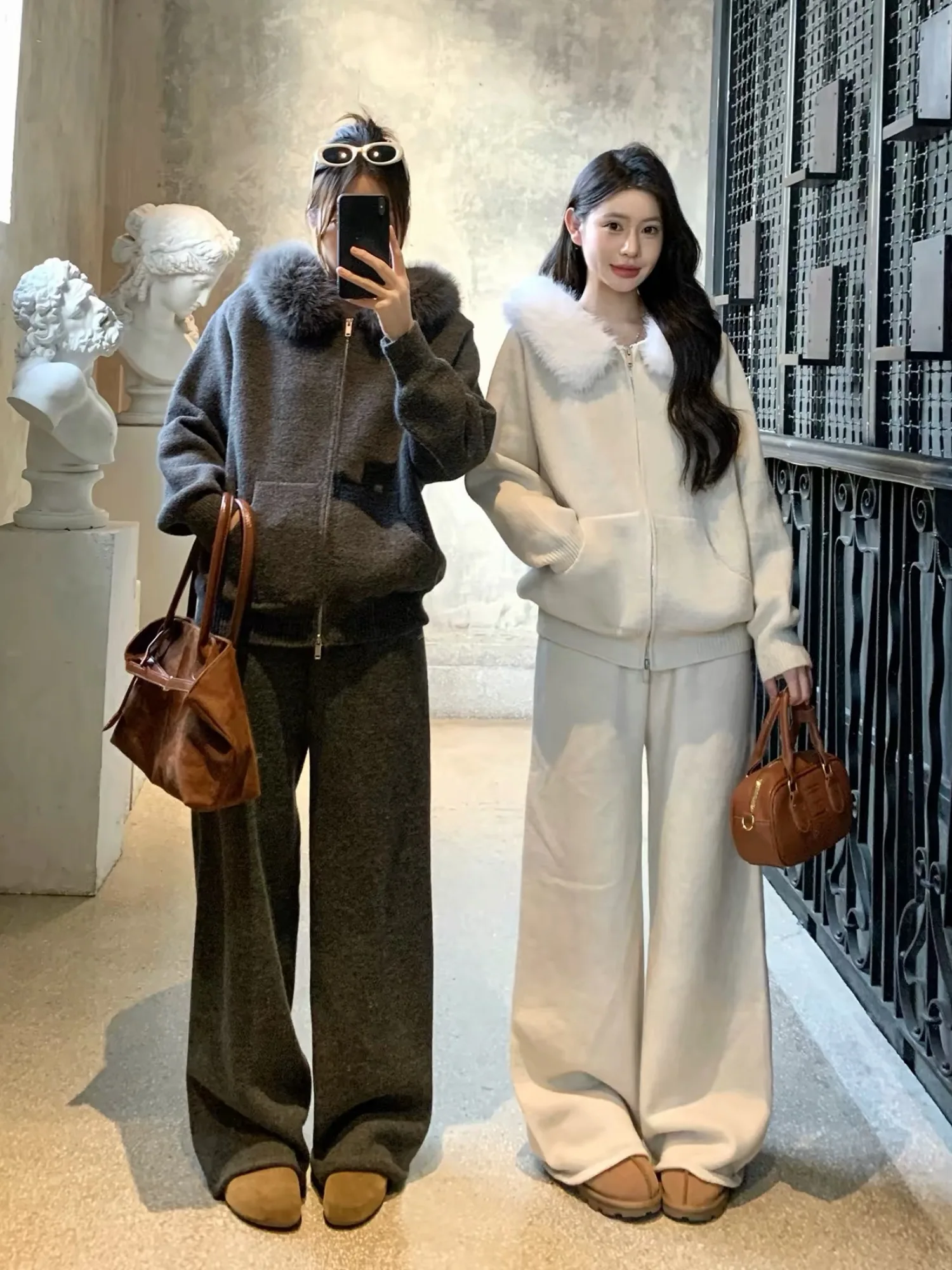 Korean Style Knitted Set with Large Fur Collar Hooded Sweater And High Waist Wide Leg Pants Women's Winter New Arrival Two Pi...