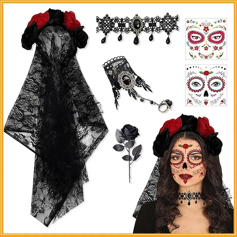 Elegant Black Red Rose Lace Veil Necklace Bracelet Set, Ideal for Halloween Parties, Day of Dead Festivals, and Masquerade.